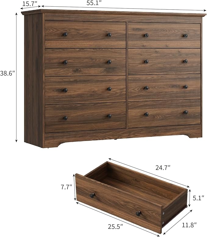 LYNSOM Modern 8 Drawer Dresser, 55.1" Wide Dressers & Chests of Drawers with Large Capacity Storage, Wood Mid Century Storage Dressers Organizer for Bedroom, Brown