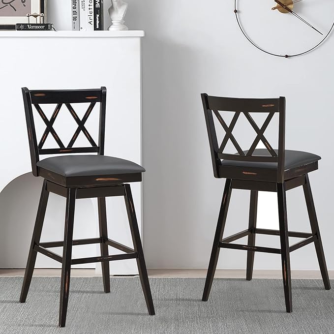 COSTWAY Bar Stool Set of 2, 360 ° Swivel Counter Height 29.5 inch Bar Stool with Foot Rest Upholstered Cushion & Ergonomic Backrest, Premium Foot Rest & Sturdy Frame (4, Black + Grey)