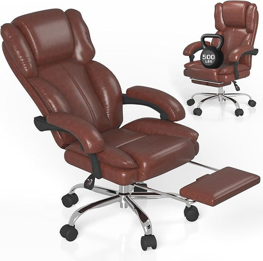 Big and Tall Office Chair, Executive Home Office Desk Chair, Leather Computer Chair with Retractable Footrest, Adjustable Headrest and Reclining Height, Padded Arms, 360°Swivel Free, Wide Seat, Brown