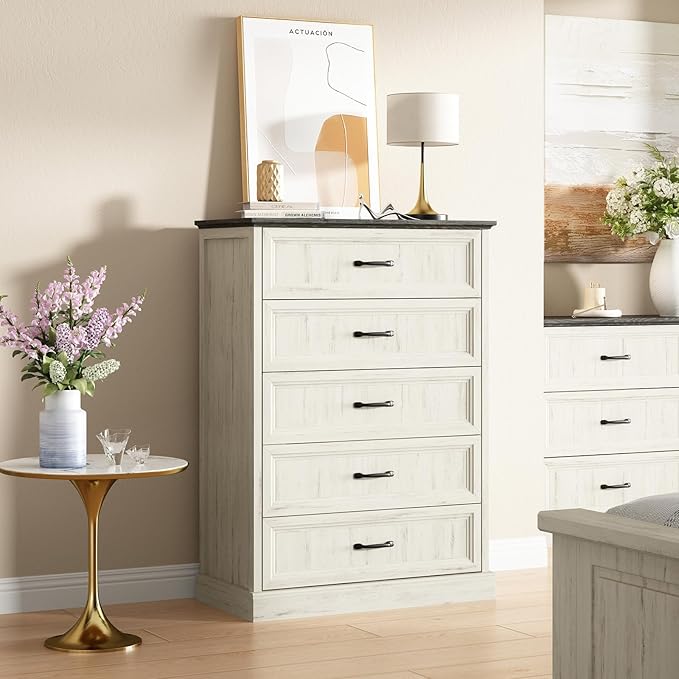 CARPETNAL Farmhouse 5 Drawers Dresser for Bedroom, 44" Tall White Dresser Wood Rustic Chest of Drawers with Wide Metal Handle,Natural Texture,Drawer Organizer for Bedroom,Living Room,Hallway