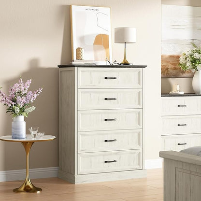 CARPETNAL Farmhouse 5 Drawers Dresser for Bedroom, 44" Tall White Dresser Wood Rustic Chest of Drawers with Wide Metal Handle,Natural Texture,Drawer Organizer for Bedroom,Living Room,Hallway