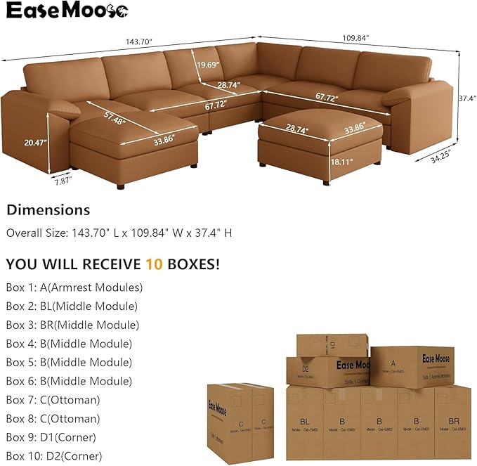 EASE MOOSE Modular Sectional Sofa, Oversized Faux Leather Sectional with Ottoman, Wide Deep Modular Couch, Scratch Resistant Faux Leather Material, U Shaped Couch for Big Spaces, Brown