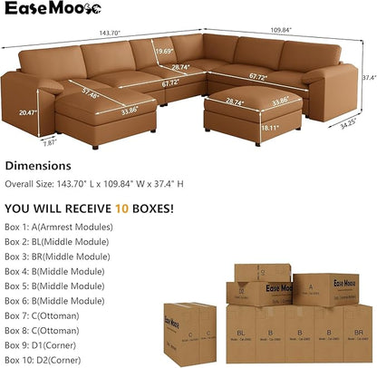 EASE MOOSE Modular Sectional Sofa, Oversized Faux Leather Sectional with Ottoman, Wide Deep Modular Couch, Scratch Resistant Faux Leather Material, U Shaped Couch for Big Spaces, Brown