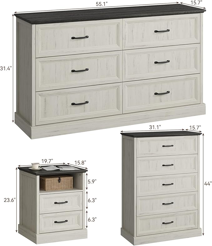CARPETNAL Farmhouse Dresser and Nightstand Sets for Bedroom, 4 Pcs Bedroom Set, 5 Drawer & 6 Drawer Dresser and Nightstand Set of 2, Wood Chest of Drawers for Living Room, Entryway, White