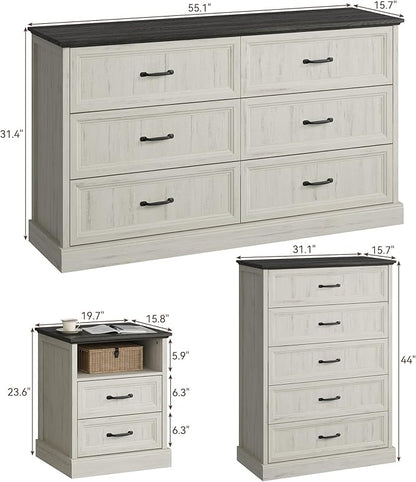 CARPETNAL Farmhouse Dresser and Nightstand Sets for Bedroom, 4 Pcs Bedroom Set, 5 Drawer & 6 Drawer Dresser and Nightstand Set of 2, Wood Chest of Drawers for Living Room, Entryway, White