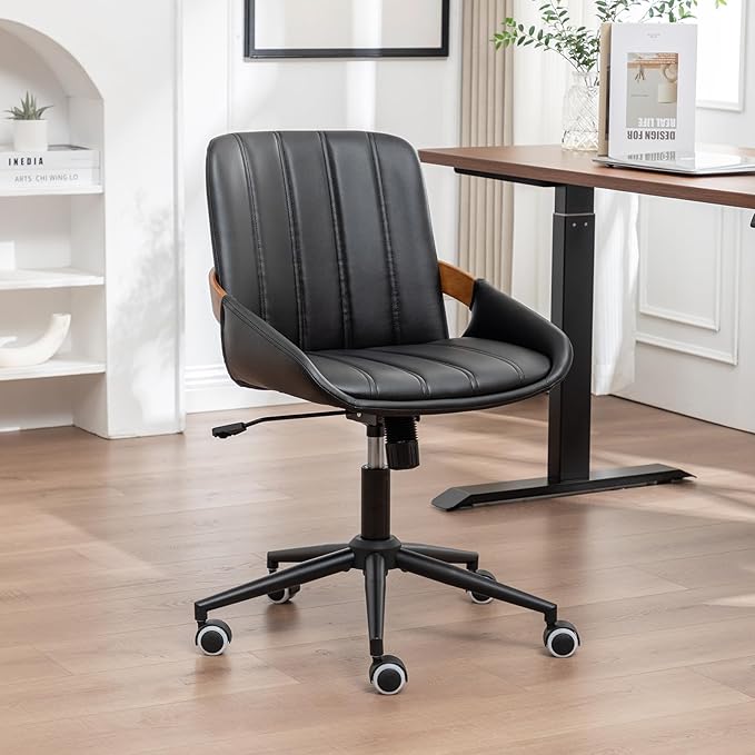 Small Home Office Chair No Arms,PU Leather Desk Chair with Wheels,Adjustable Height Work Chair,360° Swivel Computer Desk Chair for Office, Reading and Study (Black)