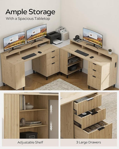 55" Fluted Executive Desk with Charging Station, Modern Wood Home Office Desk with with Storage Shelf & File Drawer, Writing Study Computer Table for Work Study, Light Oak