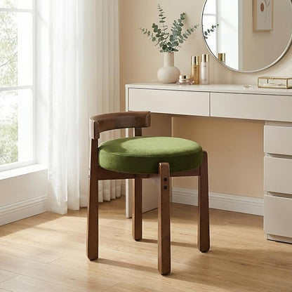 HNY Velvet Makeup Vanity in Vintage Green: Compact Round Ottoman Chair with Wooden Legs, Perfect for Small Spaces Like Entryway, Cloakroom & Boudoir