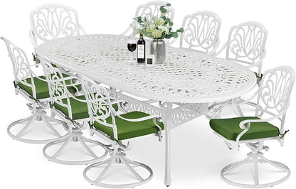MEETWARM 9-Piece Outdoor Patio Dining Set, All-Weather Cast Aluminum Patio Conversation Set for Backyard Garden Deck with 8 Cushioned Swivel Rocker Chairs, 1 Oval Table, 2" Umbrella Hole, White