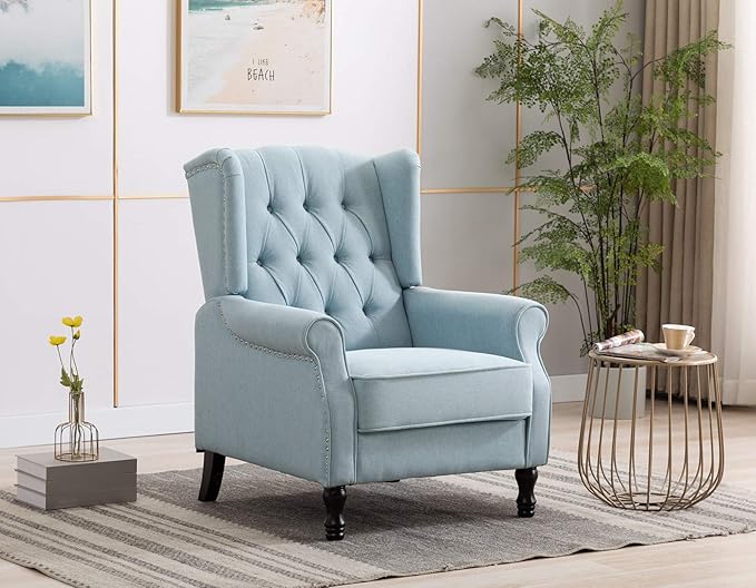 Artechworks Winged Fabric Modern Accent Chair Tufted Arm Club Chair Linen Single Sofa with Wooden Legs Comfy Upholstered for Reading Living Room Bedroom Office,Light Blue