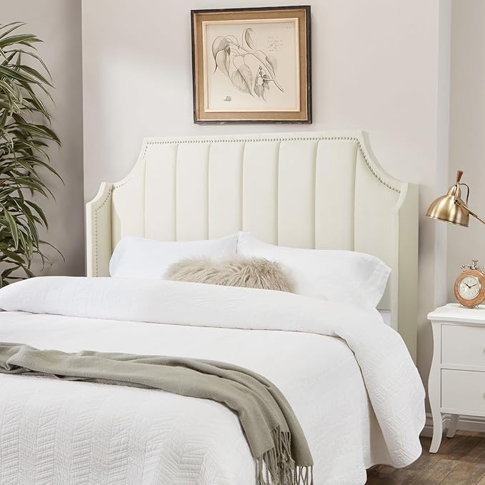 Lucky Monet Luxurious Headboard Only Queen Size with Wingback, Velvet Upholstered Tufted Headboard with Nailhead Decor for Bed, Adjustable Height Curved Head Board Vertical Channel Design (Cream)
