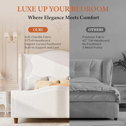 koorlian Queen Size Bed Frame Chenille Upholstered Platform Bed with 51" Tall Headboard and High Deep Tufted Footboard, Modern Retro Minimalist Style Wingback Sleigh Bed, Easy Assembly, Cream