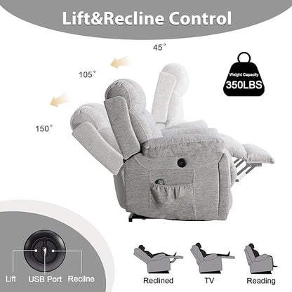 Large Power Lift Recliner Chair with Massage and Heat for Elderly, Wide Padded Recliner with 2 Cup Holders, Side Pocket & USB Charger,(1, Light Gray)