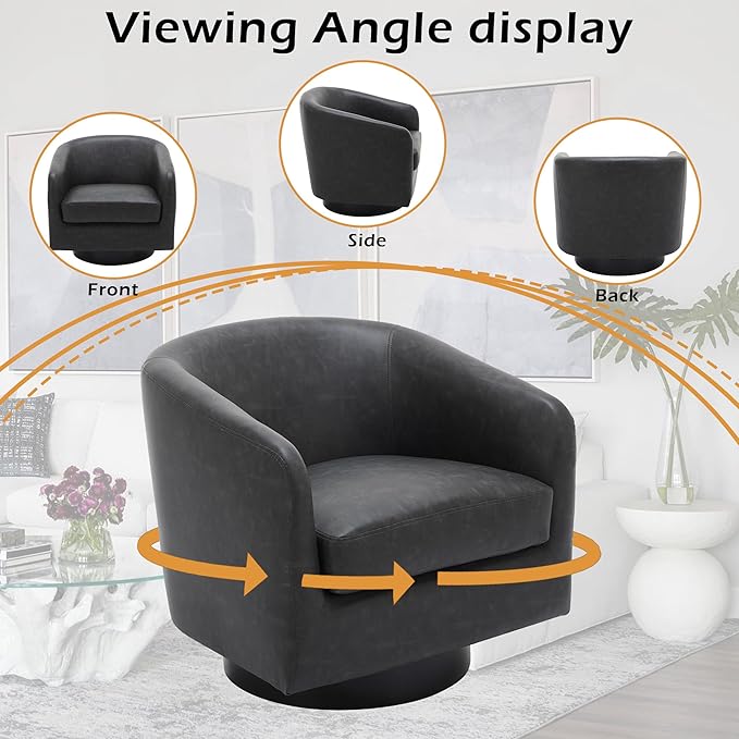 Lumibee Swivel Accent Chair, Faux Leather Swivel Barrel Chair for Living Room, Modern Comfy Upholstered Round Armchair Single Sofa Chair for Bedroom, Club-Black