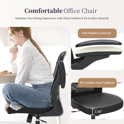 Office Chair Ergonomic, 350lbs Desk Chair Comfy with PU Leather Seat Cushion, Mesh Swivel Computer Chair with Flip-up Armrests Lumbar Support and Height Adjustable for Home Office