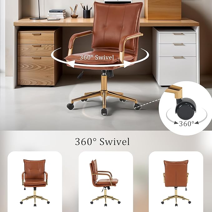 MOJAY Mid-Back Ergonomic Leather Office Chair, Modern Upholstered Executive Desk Chair with Gold Frame Armrest Computer Task Chair (Caramel)