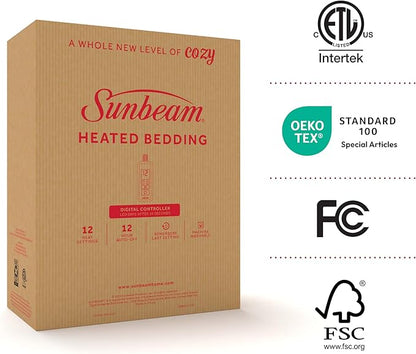 Sunbeam Premium Quilted Electric Heated Mattress Pad, 60" x 80", 12 Heat Settings, 12-Hour Auto Shut-Off, Machine Washable, Extra-Soft, White