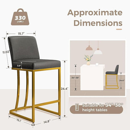 MAISON ARTS Counter Height Bar Stools with Back Set of 4 for Kitchen Counter, 24 Inch Modern Upholstered Faux Leather Barstools Farmhouse Bar Chairs Luxury Island Stools Support 330LBS, Grey & Gold