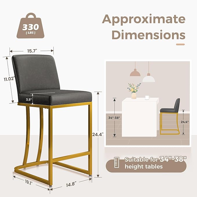 MAISON ARTS Counter Height Bar Stools with Back Set of 6 for Kitchen Counter, 24 Inch Modern Upholstered Faux Leather Barstools Farmhouse Bar Chairs Luxury Island Stools Support 330LBS, Grey & Gold