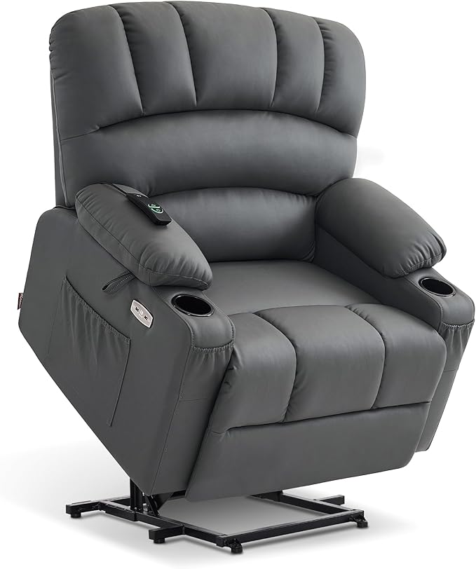 MCombo Power Lift Recliner Chair for Elderly, Lift Chair with Heat and Massage, Extra Wide Lift Recliner for Big People, Faux Leather R7096 (Medium-Wide, Grey)