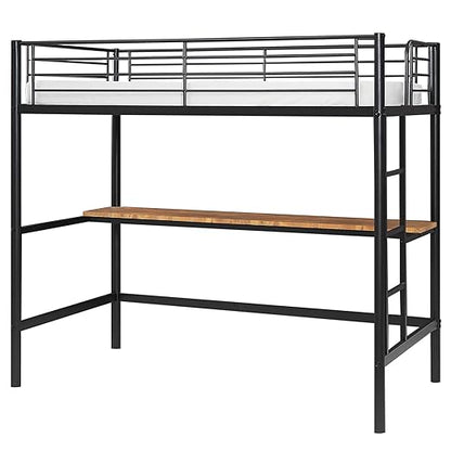 VECELO Metal Loft Bed Twin Size with Desk, Heavy Duty Bedframe with Removable Ladder and Safety Guardrail, Space-Saving, Noise Free, No Box Spring Needed, Matte Black