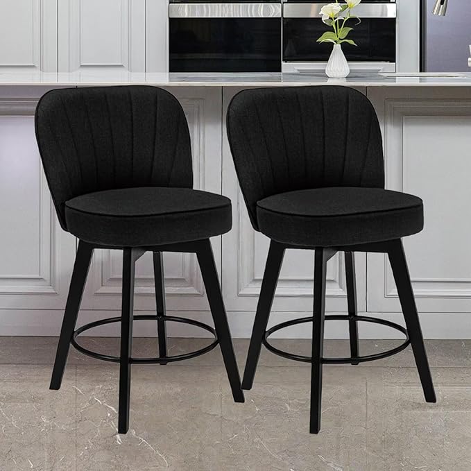 MINCETA Bar Stools Set of 2, 26 Inch Upholstered Barstools with Backrest and Footrest, Swivel Counter Height Barstools for Kitchen Island Home Bar Black