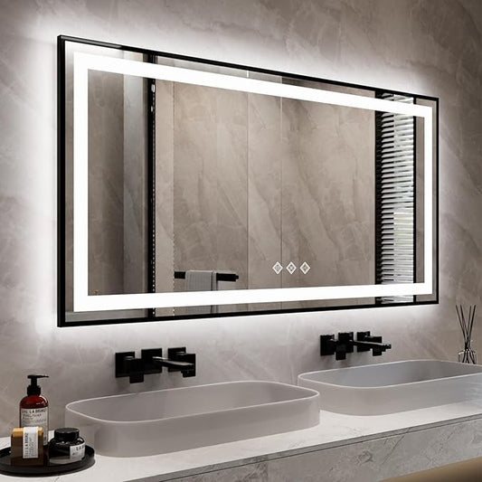 Bathroom Mirrors with Lights, 55x28 Inch Black Framed Gradient Front and Backlit LED Vanity Mirror, 3 Colors Dimmable CRI>90, IP54 Enhanced Anti-Fog Smart Mirror