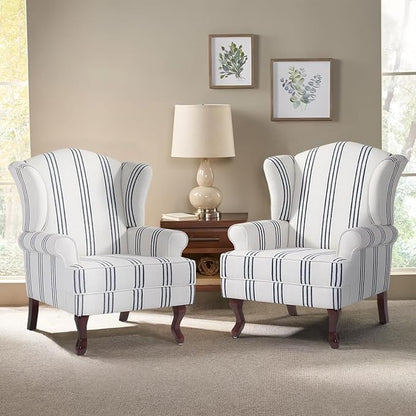 Pia Ricco Stripe High Back Floral Accent Chair, Upholstered Fabric Armchair with Solid Wood Legs - Retro Living Room Reading Chair, Comfortable Single Sofa Seat-Navy