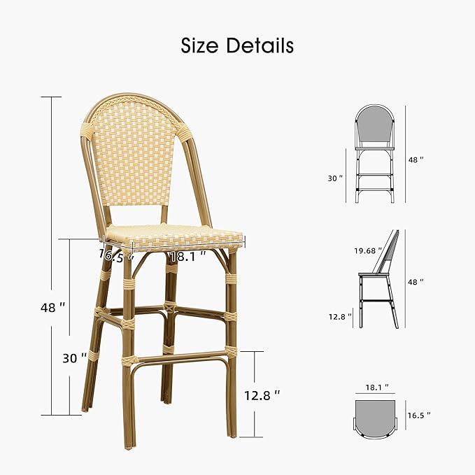 PURPLE LEAF French Bar Stool Set of 2 Bamboo Print Finish Patio Bar Stools with Back Rattan Bar Chairs Wicker Bar Height Stool 30" with Footrest Kitchen Island Stools Outdoor Barstool Cream Yellow