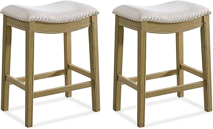 ROME + OAK Set of 2 Parker 26" Counter Stool, Backless Saddle Kitchen Barstool in Natural Wood Finish with Wheat Cream Fabric Upholstery Cushion Seat