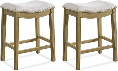 ROME + OAK Set of 2 Parker 26" Counter Stool, Backless Saddle Kitchen Barstool in Natural Wood Finish with Wheat Cream Fabric Upholstery Cushion Seat