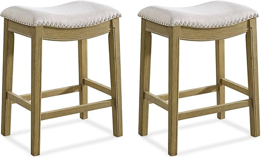 ROME + OAK Set of 2 Parker 26" Counter Stool, Backless Saddle Kitchen Barstool in Natural Wood Finish with Wheat Cream Fabric Upholstery Cushion Seat