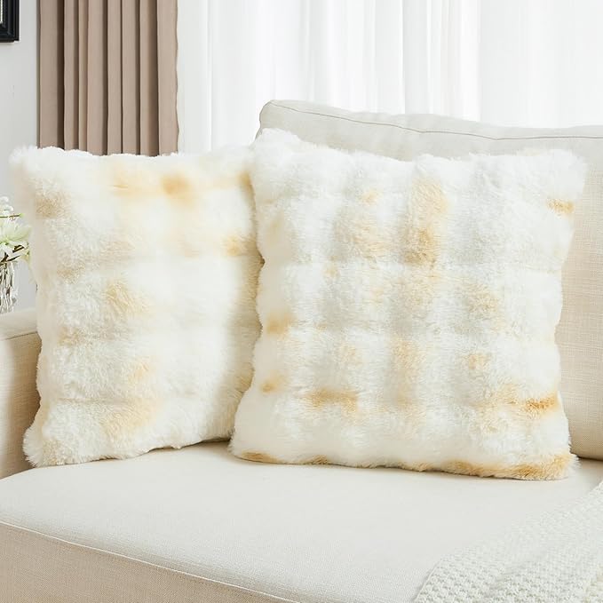 FUTEI Yellow White Decorative Throw Pillow Covers 20x20 Inch Set of 2,Soft Fuzzy Faux Rabbit Fur Cushion Covers with Raised Texture,Neutral Boho Home Decor for Couch Bed Living Room