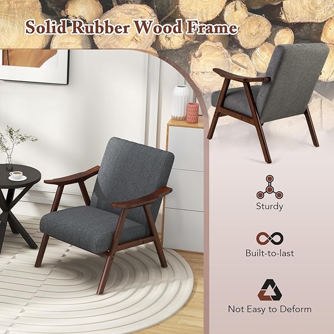 Giantex Mid-Century Modern Accent Chair, Upholstered Comfy Living Room Chair with Arms, Anti-Slip Felt Pads, Wooden Frame Soft Padded Armchair for Living Room Bedroom Office Study, Light Grey