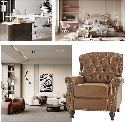 HULALA HOME Genuine Leather Manual Recliner Chair, Adjustable Tufted Push Back Reclining Sofa Armchair with Rivet Decoration & Solid Wood Legs, Modern Living Room Home Theater Seating, Camel