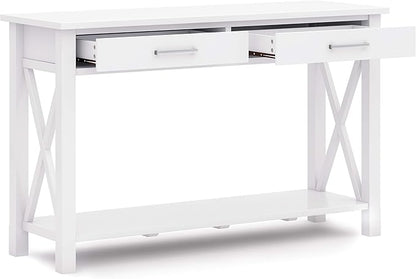 SIMPLIHOME Kitchener Console Table - 47 Inch Wide Solid Wood Sofa Table in White, Contemporary Storage Table for Entryway or Living Room with 2 Drawers, Bottom Shelf, and X-Design Side Panels