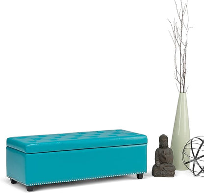 SIMPLIHOME Hamilton 48 inch Wide Transitional Rectangle Storage Ottoman in Mediterranean Blue Vegan Faux Leather, Assembled, For the Living Room, Entryway and Family Room