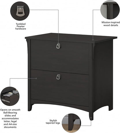 Bush Furniture Salinas 2 Drawer Lateral File Cabinet in Vintage Black, Home Office Storage Solution, Organizer with Drawers for Workspace, Filing Unit