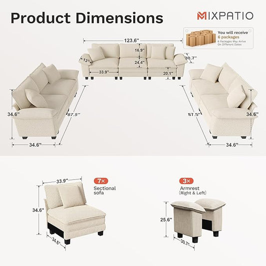 Cloud Couch Sectional Sofa Set, Plush 24.4-Inch Deep 7-Seat Sectional with Velvety Corduroy & Removable Arms for Living Room and Apartment, Beige