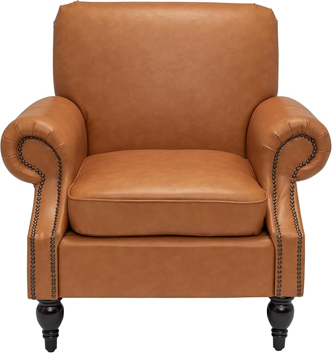 Accent Chair,22.4" Seat Depth Living Room Chair,36.6W*34.3D*34.6H Armchair with Roll Arms and Wood Legs,Set of 2,Faux Leather in Brown