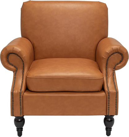 Accent Chair,22.4" Seat Depth Armchair with Roll Arms,36.6W*34.3D*34.6H Living Room Chair,Wood Legs,Set of 1,Faux Leather in Brown