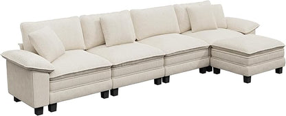 PHI VILLA Cloud Modular Couch Sets, 157.5" Sectional Sofa with L-Shaped Chaise, 5-Seater Upholstered Couches with Movable Ottoman for Living Room, Corduroy Fabric, Beige