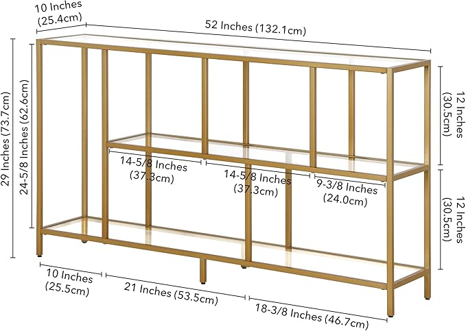 Henn&Hart 52" Wide Rectangular Console Table with Glass Shelves in Brass, Entryway Table, Accent Table for Living Room, Hallway