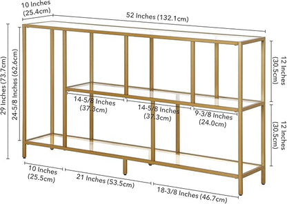 Henn&Hart 52" Wide Rectangular Console Table with Glass Shelves in Brass, Entryway Table, Accent Table for Living Room, Hallway