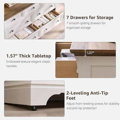 T4TREAM Farmhouse 7 Drawers Dresser for Bedroom, 54" Wide Wood Rustic Chest of Drawers w/Roman Column, Wooden Storage Dressers Organizer for Bedroom, Living Room, Closet, Antique White