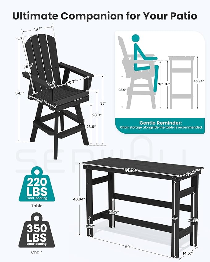 SERWALL 5-Piece Swivel Adirondack Bar Set, HDPE Swivel Bar Height Chairs Set of 4 with Bar Table, All-Weather Outdoor Barstools for Patio, Poolside, Garden, Black