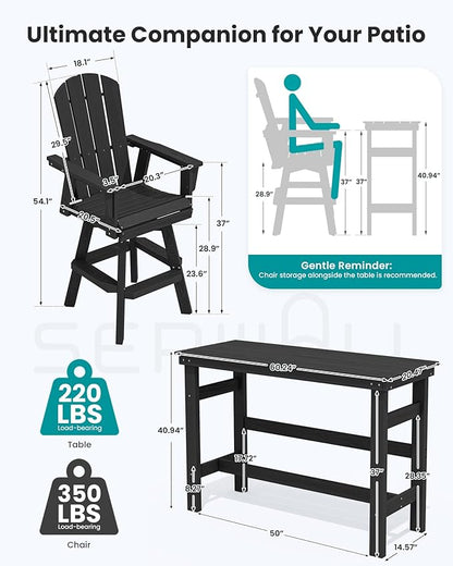 SERWALL 5-Piece Swivel Adirondack Bar Set, HDPE Swivel Bar Height Chairs Set of 4 with Bar Table, All-Weather Outdoor Barstools for Patio, Poolside, Garden, Black
