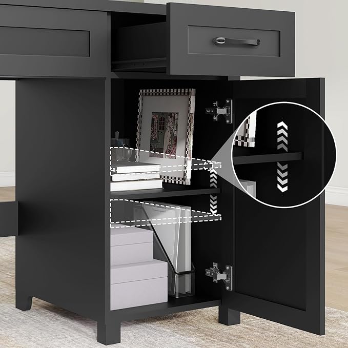 Vabches Farmhouse 47" Executive Desk, Computer Desk with Drawers and Storage Cabinet, Workstation for Home Office and Study.(Pure Black)