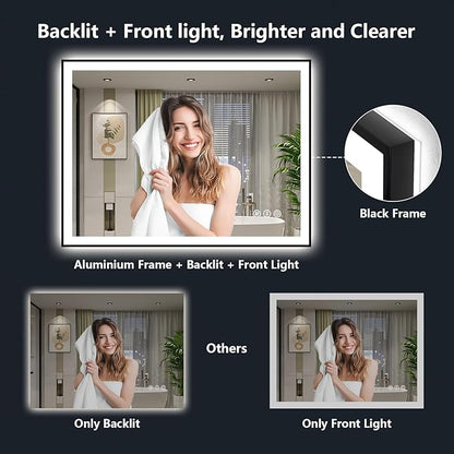 40x36 Inch LED Bathroom Mirror with Lights (Front Lit and Backlit) Black Framed Lighted Vanity Mirror for Bathroom Wall Dimmable Anti-Fog Memory Tempered Glass Horizontal/Vertical