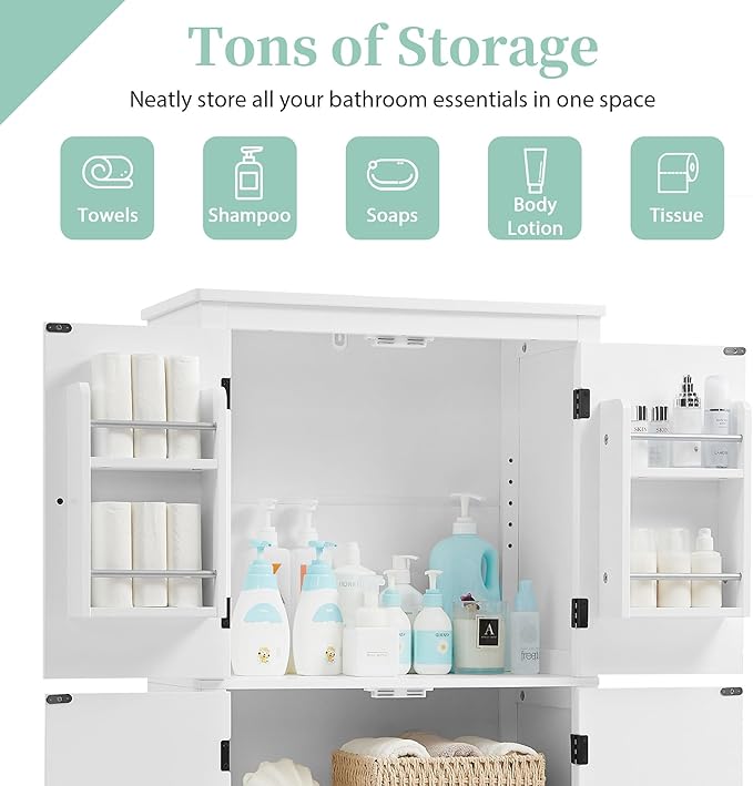 Tall Storage Cabinet, Bathroom Floor Freestanding Storage Cabinet with 2 Double-Door and Adjustable Shelves for Bathroom, Office, Living Room, White